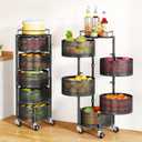 SAYZH Fruit Vegetable Basket for Kitchen, Rotating Storage Rack, 5 Tier Rolling Cart with top lid, Large Metal Wire Wheels, Black