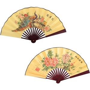Folding Hand Fan,13 inch Bamboo Fabric Large Hand Fans with Chinese Traditional Painting for Decorations,Performance (Peacock & Peony)