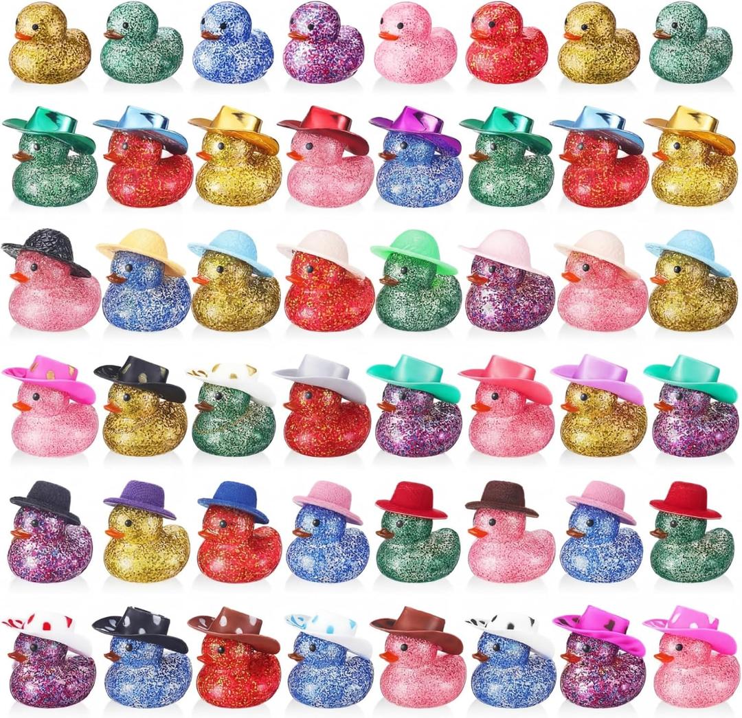 Realspring 200 Pcs Glitter Rubber in Bulk Summer Mini Rubber Ducks Bath Toy Accessories Sunglasses Necklace Hat for Baby Shower Birthday Swimming Party Gift Favor, 2 Inches