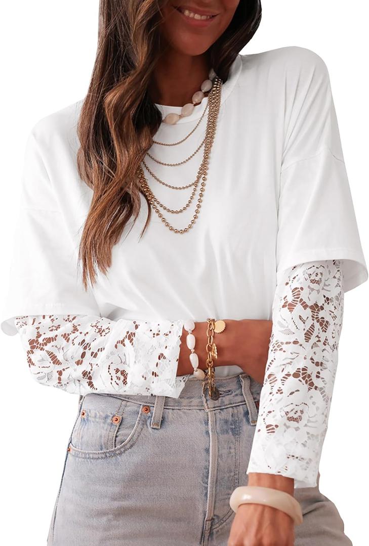 LOLONG T Shirts for Women Spring 2026 Long Sleeve Lace Patchwork Crew Neck Tops Casual Tees XXL