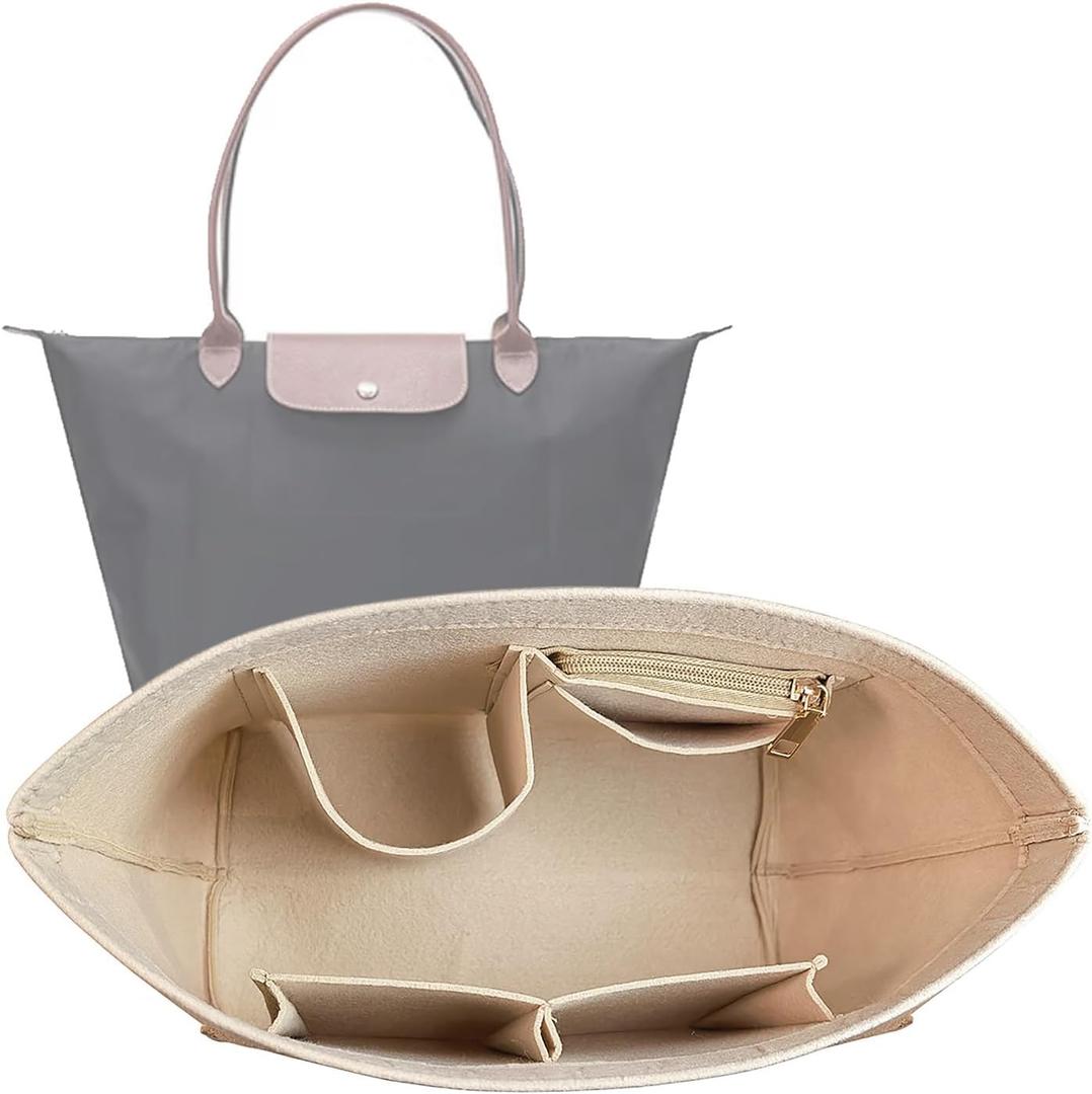 Lckaey Purse Organizer Insert for Longchamp, Premium Felt Long Champ Le Pliage Handbag Organizer Large beige