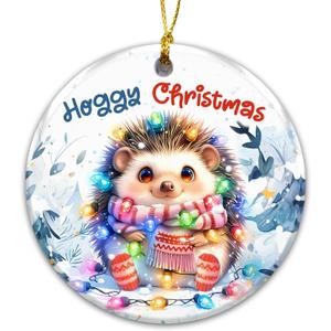2 x Hoggy Christmas Ornament 2025  Cute Hedgehog Christmas Tree Decoration with Holiday Lights & Scarf  Funny Animal Ceramic Keepsake, for Hedgehog Lovers, Family & Friends