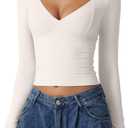 QINSEN Women's Long Sleeve V Neck T Shirts Double Lined Crop Top Seamed Cup Going Out Tops (Large)