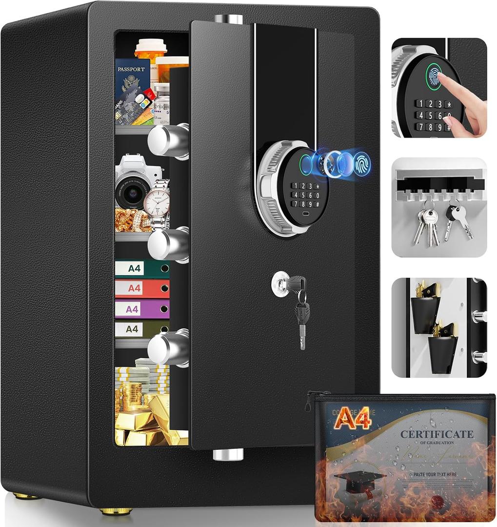 Large Biometric Safe Box, Home Safes Water Fireproof, Duty Document Safe with Bottom Hidden Compartment, Anti-Theft Dual Alerts, Mute Mode, Digital Security for Home and Business