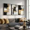 3D Textured Black and White Abstract Wall Art with Gold Foil for Living Room, Framed 3 Pcs Hand Painted Oil Paintings for Office, Large Luxury Wall Decor for Bedroom 16 * 24 Inch, 16"x24"x3
