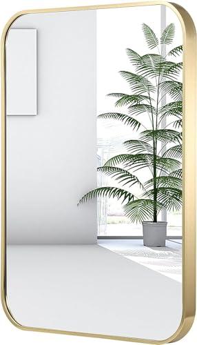JENBELY 16x24 Inch Gold Bathroom Mirror, Brushed Brass Gold Metal Framed Rectangular Mirror with Rounded Corner, Wall Mounted Vanity Mirror for Bedroom or Living Room, Horizontal/Vertical