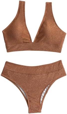 SweatyRocks Women's Solid V Neck High Waist Bikini Set Summer Sparkly Two Piece Bathing Suit, L, Rust Brown