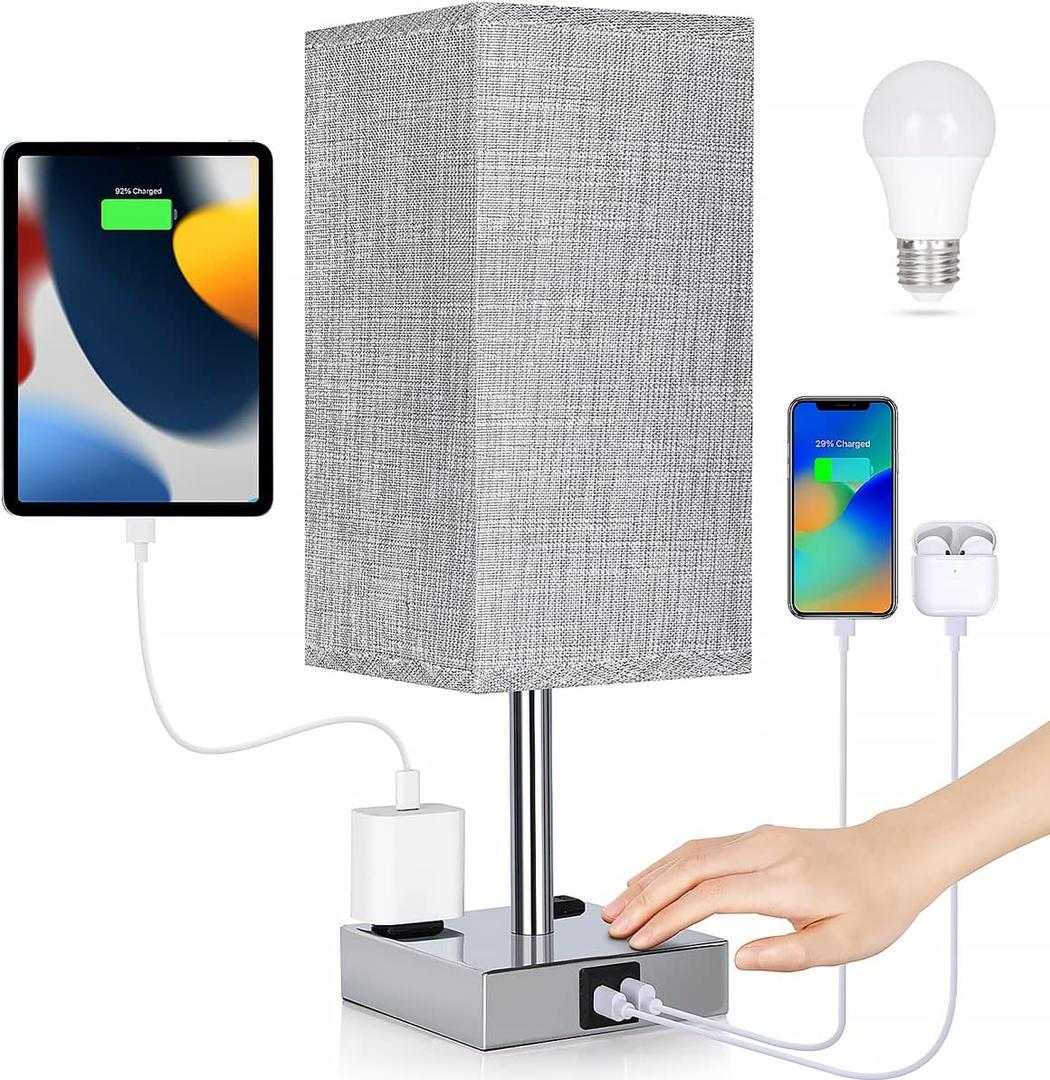 Soilsiu Bedside Lamp with USB Ports - Touch Control Table Lamp for Bedroom with USB C+A Charging Ports & AC Outlets, 3 Way Dimmable Nightstand Light for Living Room (LED Bulb Included, Chrome - Grey)