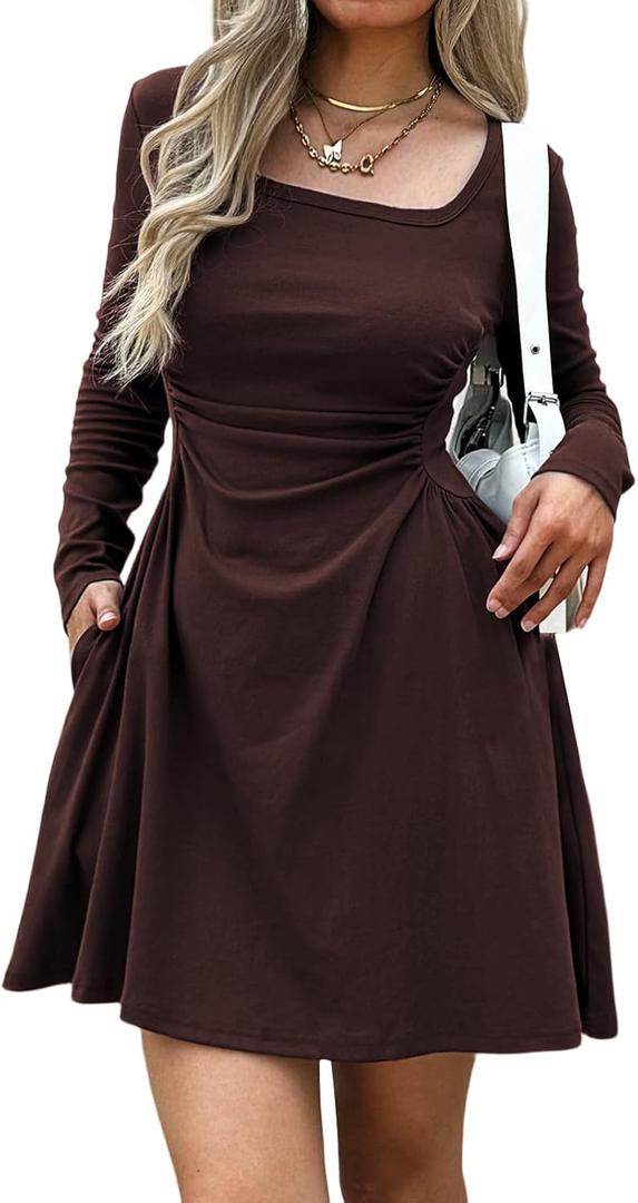 Women's Square Neck Long Sleeve Mini Dress Ruched Waist Corset Fall Dresses Slim-Fit with Pockets (Large, Brown)