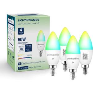 Lightinginside Matter Candelabra Smart Light Bulbs 60W Equivalent, Candle E12 LED Bulb Compatible with Alexa/Siri/Apple Home/Google Home/SmartThings, RGBCW, 2.4G WiFi, ETL Listed, Hub Required, 4PCS