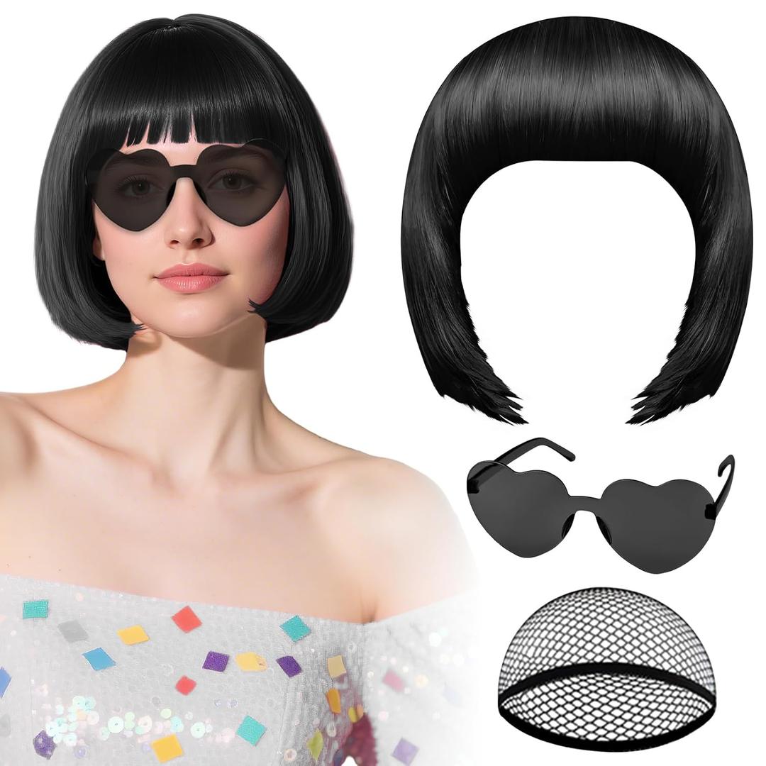PLULON Black Bob Wig with Heart Sunglasses and Hair Cap, Colorful Short Bob Wigs Synthetic Party Wigs Funny Cosplay Hairpieces for Women Men Daily Bachelorette Halloween Costume Party Decorations