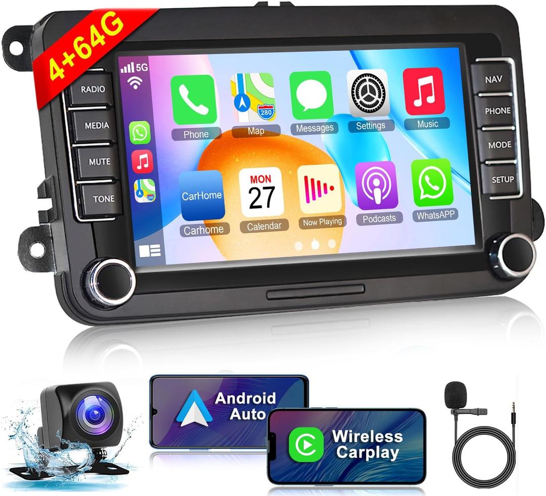 (4G RAM 64G ROM) Car Radio for VW Passat MK5 MK6 Jetta Golf tiguan, Android 13 7 Inch 5G WiFi Volkswagen Stereo Support Carplay/Android Auto, GPS Navigation with Bluetooth, Backup Camera, SWC/FM Radio