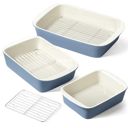 LE TAUCI Deep Casserole Dishes for Oven, 13.7”x9.6” Ceramic Baking Dish Set with Roasting Racks, Large Lasagna Pans with Handles, Rectangular Bakeware as Gift for Mom, Dusty Blue (4.6QT/3.0QT/1.6QT), Set of 2