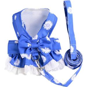 Dog Harness Dress for Small Dog Daisy Floral Dog Harness and Leash Set Bow Knot Girl Puppy Princess Skirt with D-Ring Mesh Summer Pet Clothes for Cat Dogs (Small, Blue)