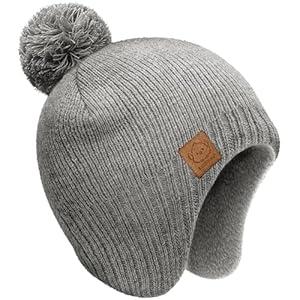 Baby Beanies, Baby Hats for Boys, Girls - Cute Toddler Winter Hat, Soft & Stretchy Beanies for Infant, Newborn 0-6 Months, Cozy & Warm with Earflap Muff & Pom (Gray, S)