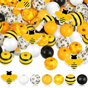 Chunful 190 Pcs Bee Wood Beads Yellow Black Bee Honeycomb Wooden Beads 16 mm Polished Farmhouse Spacer Charms with 65.6 ft Rope for Summer Garland Craft Making DIY Tiered Tray Party Decor