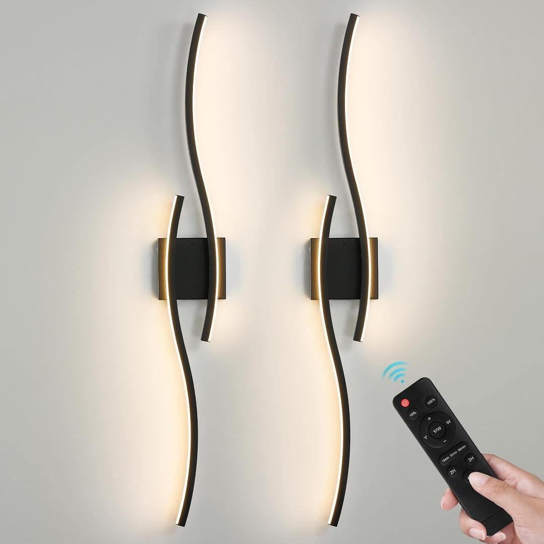 Black Battery Operated Wall Sconces: 39.3 Inch Rechargeable Sconce Set of Two with Remote Control/3 Colors/10-100% Dimming/Timer, Modern Wall Lighting for Bedroom Living Room Hallway Bathroom, 2 Pcs