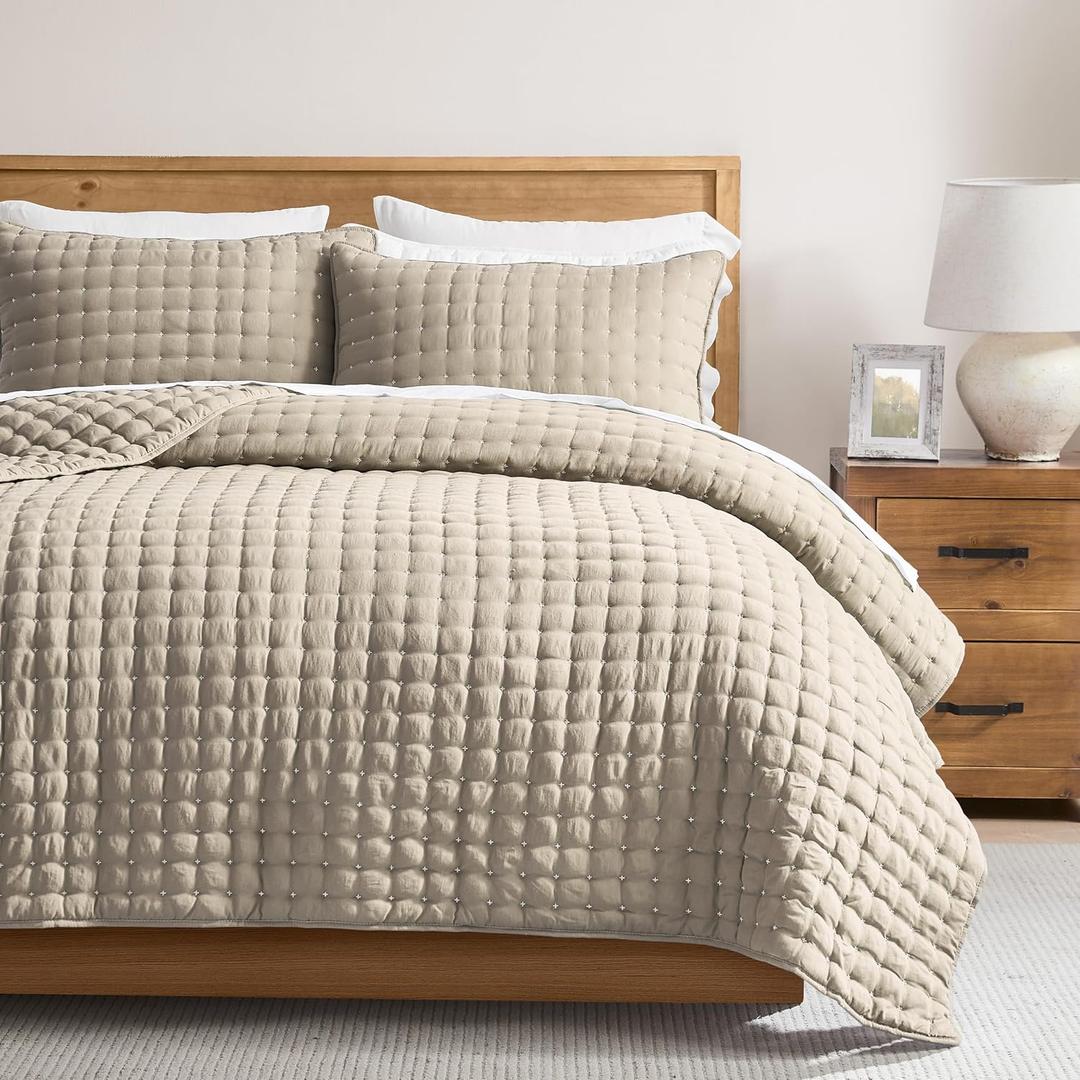 WDCOZY Beige Twin Size Quilt Bedding Sets with Pillow Sham, Tan Cream Lightweight Bedspread Coverlet, Quilted Blanket Thin Comforter Bed Cover, All Season Summer Spring, 2 Pieces, 68x90 inches (Deep Beige (White Cross Stitching))