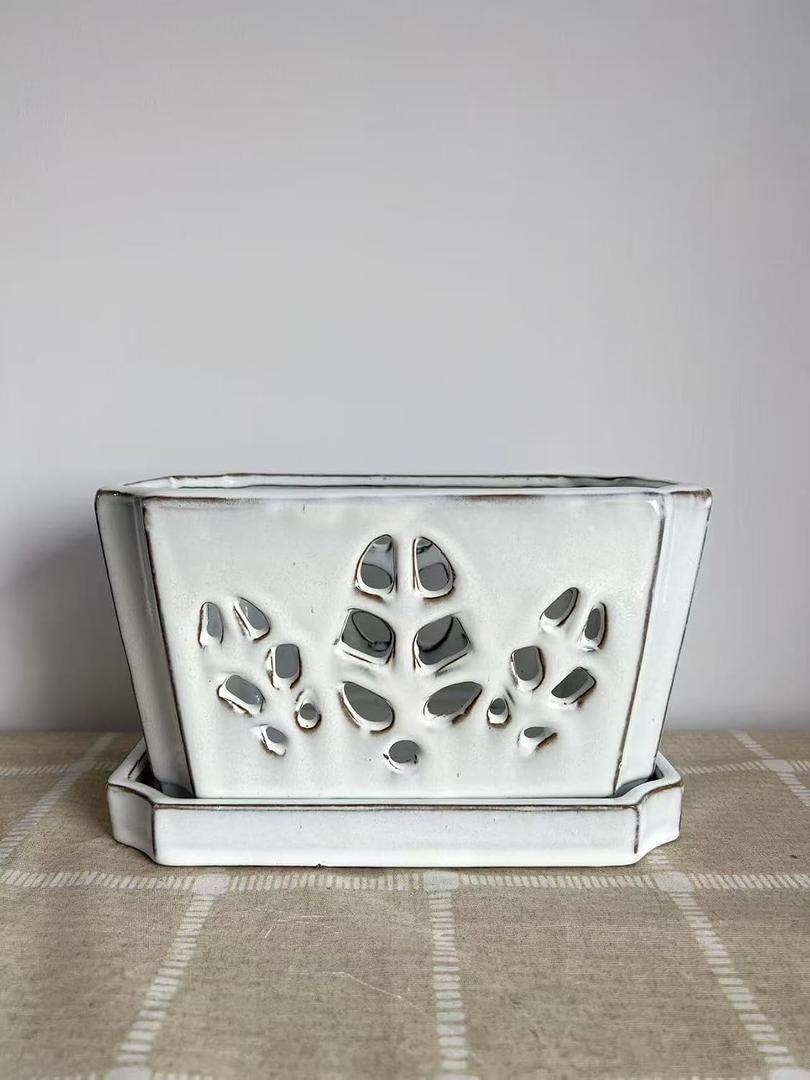 10inch Rectangle Ceramic Orchid pots with Holes with Saucer (White)
