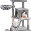 Feandrea Cat Tree, 37.8-Inch Cat Tower, Multi-Level Condo with Widened Perch, Scratching Posts and Ramp, 2-Door Cave, Hammock, Light Gray UPCT51W