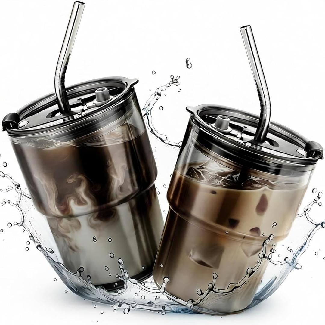 2 Packs Glass Tumbler with Lid and Straw 13 oz Cute Ice Coffee Cup Set Bulk Vasos de Vidrio Con Tazas Para Cafe Cocina Accesorios Home Bar Accessories New House Warming Gift Kitchen Stuff
