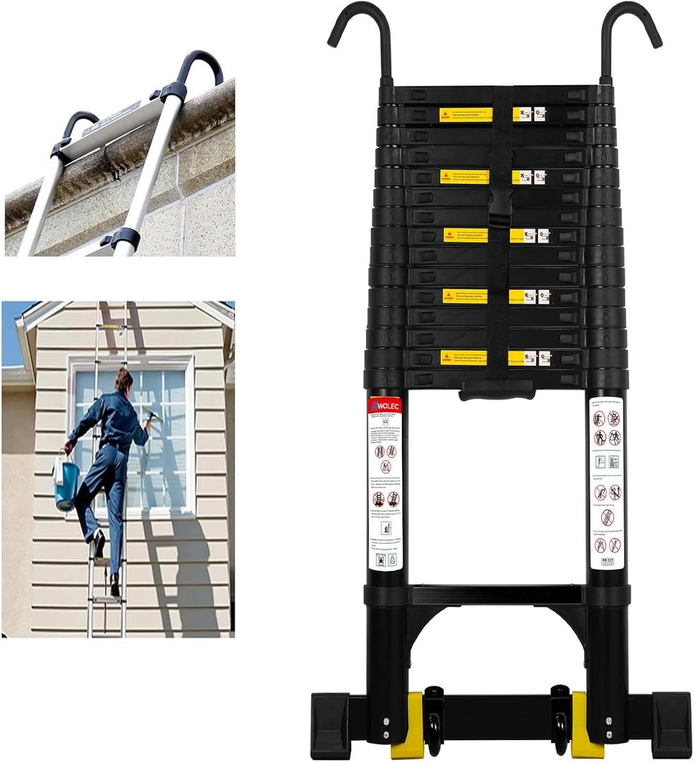 20.3 FT Aluminum Telescoping Ladder, 330 lbs Capacity, Auto-Lock, Hooks, Wheels & Stabilizer Bar, Portable & Collapsible for Home, Roof & RV Use, Black