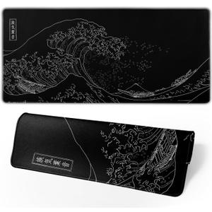 Japanese Gaming Mouse Pad Black Mouse Pad Kanagawa Large Mousepad Non-Slip Rubber Base Waterproof with Stitched Edges for Gaming Office Home, 31.5x11.8 Inch (Black Wave)