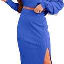 dowerme Women's 2 Piece Outfits 2025 Spring Long Sleeve Boat Neck Tops High Slit Bodycon Midi Ribbed Knit Skirt Sets (Small, Solid Blue)