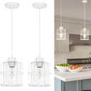 Modern White Industrial Pendant Light Fixtures Set of 2, Clear Glass Cage Pendant Light Kitchen Island, Adjustable Cord Hanging Light for Kitchen Island Decor, Over Sink Lighting Fixtures for Bathroom (5.9in-Hardwired Cord)