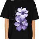 RoseSeek Girl's Graphic Tees Short Sleeve Crewneck T Shirts Casual Summer Tops Cute Preppy Clothes Floral Black 9Y