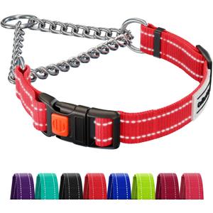 CollarDirect Martingale Dog Collar with Stainless Steel Chain and Quick Release Buckle - Reflective Collar for Dogs - Red, Medium (Neck Size 14"-17")