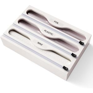 Wrap Dispenser with Cutter and Labels, Plastic Wrap Organizer For Kitchen,Bamboo 3-in-1 Wrap Dispensers for Cling Wrap Aluminum Foil and Wax,Storage Organization Holder, White