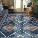 Area Rug 6x9 Rug Machine Washable Non-Slip Low Pile Print Pattern Western Rug for Living Room Bedroom Entryway Tribal Series -Darkblue