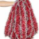 Lush Christmas Tinsel Garland, Red & White Radiant Metallic Twist Streamers for Holiday Decor, Plush & Full Xmas Tree Garland for an Elegant Festive Atmosphere, Indoor & Outdoor Party Supplies