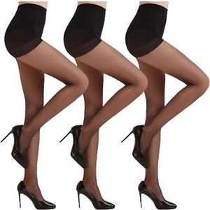 20D Sheer Control Top Pantyhose 3 Pack, High-Stretch, Shaping, Rip-Resistant, Lightweight, Black Tights for Women (Black, L)