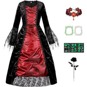 Kids Royal Vampire Costume Girls 3-14 Years Halloween Costumes Dress with Teeth Necklace Accessories (Black)
