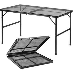 Folding Grill Table: 4x2 Ft Portable Camping Table, Lightweight Height Adjustable Metal Table with Mesh Desktop and Carrying Handle, Outdoor Table for Camping, Picnic, Beach and BBQ, 47.2"D x 23.6"W x 26"H