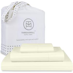 Threadmill 100% Cotton Sheets for Twin Size Bed - 600 Thread Count Twin Bed Sheets Set with 15” Deep Pocket - Damask Stripe Sateen Weave 3-Piece Bedding Set with Cooling Effect, Ivory