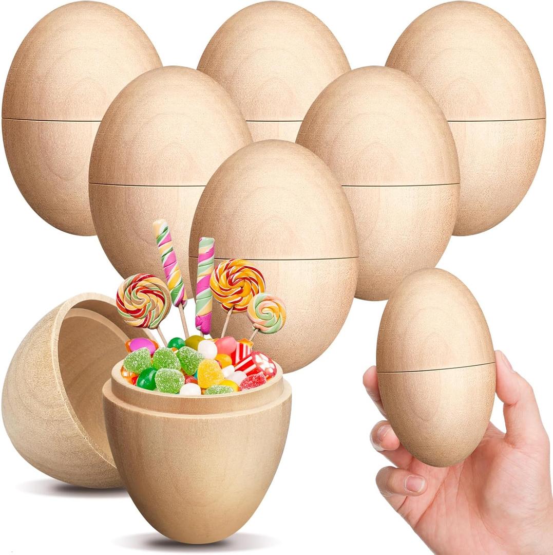 6 Pcs 4.33 Inch Large Easter Fillable Unfinished Wooden Eggs Wood Easter Egg Hunt Basket Stuffers Game Supplies Party Favor DIY Painting Art Craft Decorations Home Decor