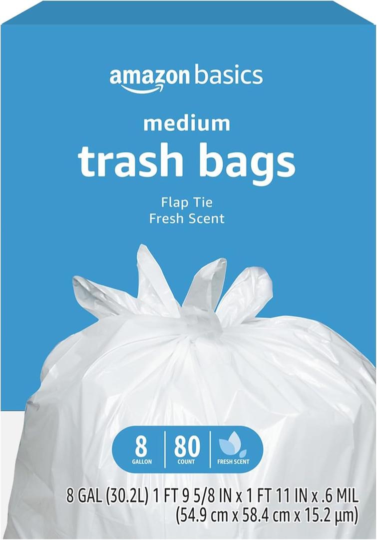 Amazon Basics 8 Gallon Flap Tie Trash Bags, 80 Count Fresh Scent