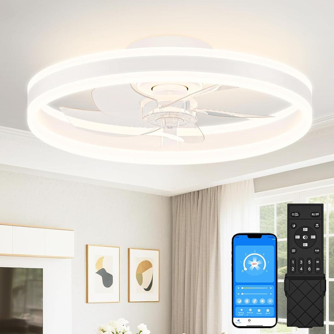 VOLISUN Low Profile Ceiling Fans with Lights and Remote, 20in Flush Mount Ceiling Fans with Light, 3000K-6500K Dimmable Fandelier LED Fan Light, White Bladeless Ceiling Fans with Lights for Bedroom