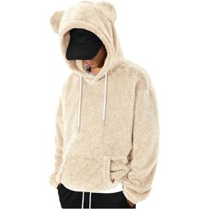RoseSeek Men's Bear Ear Hoodies Fleece Sweatshirt Fuzzy Pullover Tops (Beige)