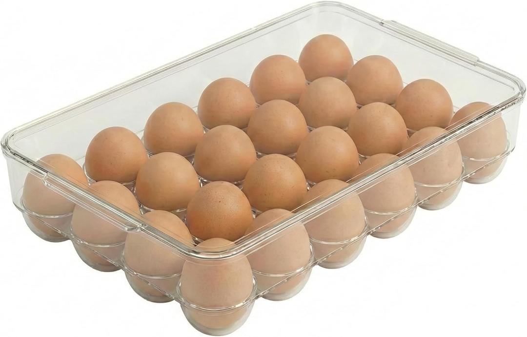 Clear Egg Holder for Refrigerator - Stackable Plastic Egg Tray with Lid, Large Capacity Egg Storage Bin, Durable Fridge Organizer for Kitchen & Countertop - Holds 24 Eggs