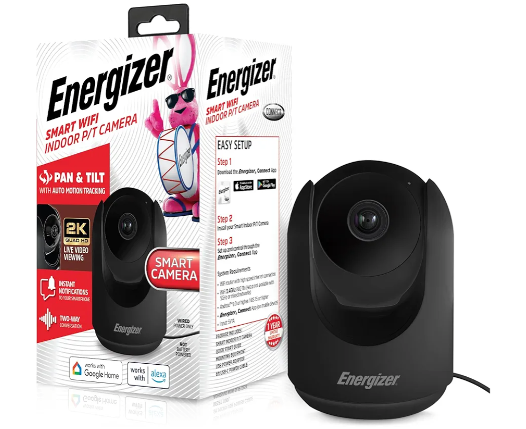 nergizer Smart 2K Indoor Pan & Tilt Wired Camera, Motion Tracking, Two-Way Audio, Night Vision, Instant Notifications, Recording, App, Hub-Free Wi-Fi Connection, Compatible with Alexa & Google Home