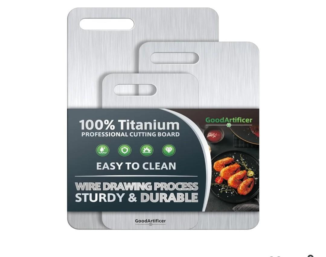 Titanium Cutting Boards Set of 3, 100% Pure Titanium Kitchen Cutting Board, Double-Sided Non-Toxic Cutting Board, Ideal for Slicing and Dicing Meats, Features Handle, Dishwasher Safe 10×16in ,8×12in ,6×10in
