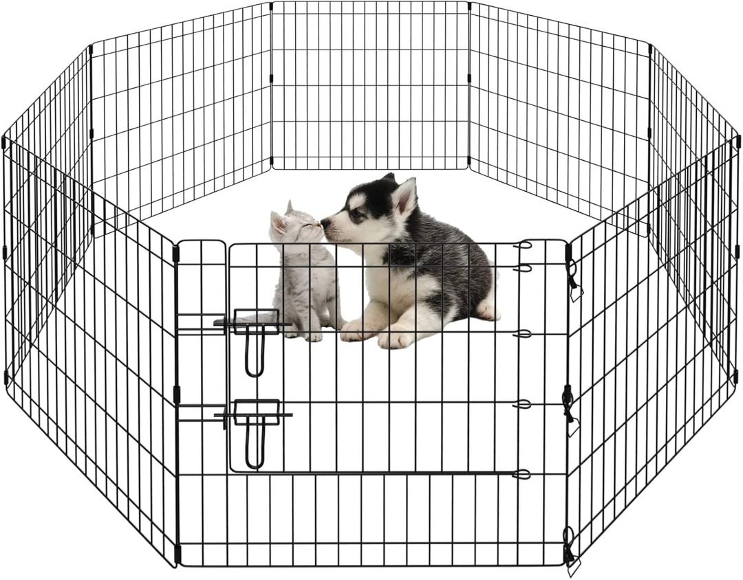 PEEKABOO Dog Pen Pet Playpen Dog Fence Indoor Foldable Metal Wire Exercise Puppy Play Yard Pet Enclosure Outdoor 8 Panels 24 Inch (Only Black playpen)