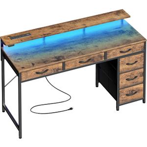 Huuger Gaming Desk with 6 Drawers, Computer Desk with LED Lights Power Outlets and Type-C, 47 Inch Office Desk with Storage, Monitor Stand, Writing Desk Work Desk for Home Office, Study, Rustic Brown