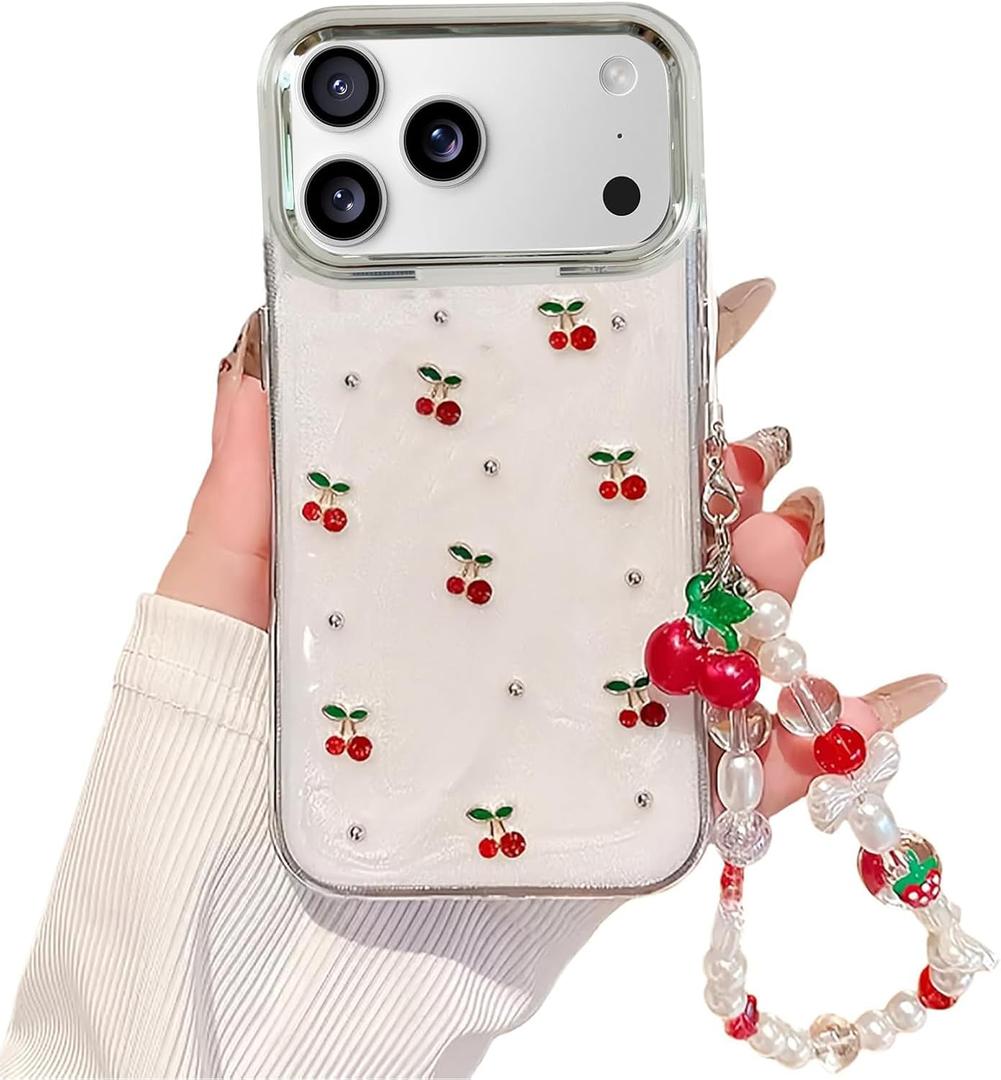 Cute Case for iPhone 17 Pro Max,Red Cherry Pearls Case with Phone Charm Chain,Flowers Fruit Women Girls Designed Shockproof for 17 Pro Max -White