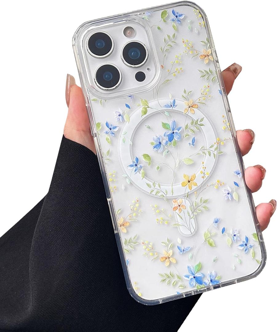 ZTOFERA for iPhone 16 Pro Max Magnetic Case Compatible with Magsafe,Aesthetic Floral Pattern Design Cute for Girl Women,Anti-Drop Protective Hard Phone Cover for iPhone 16 Pro Max-Blue Flower