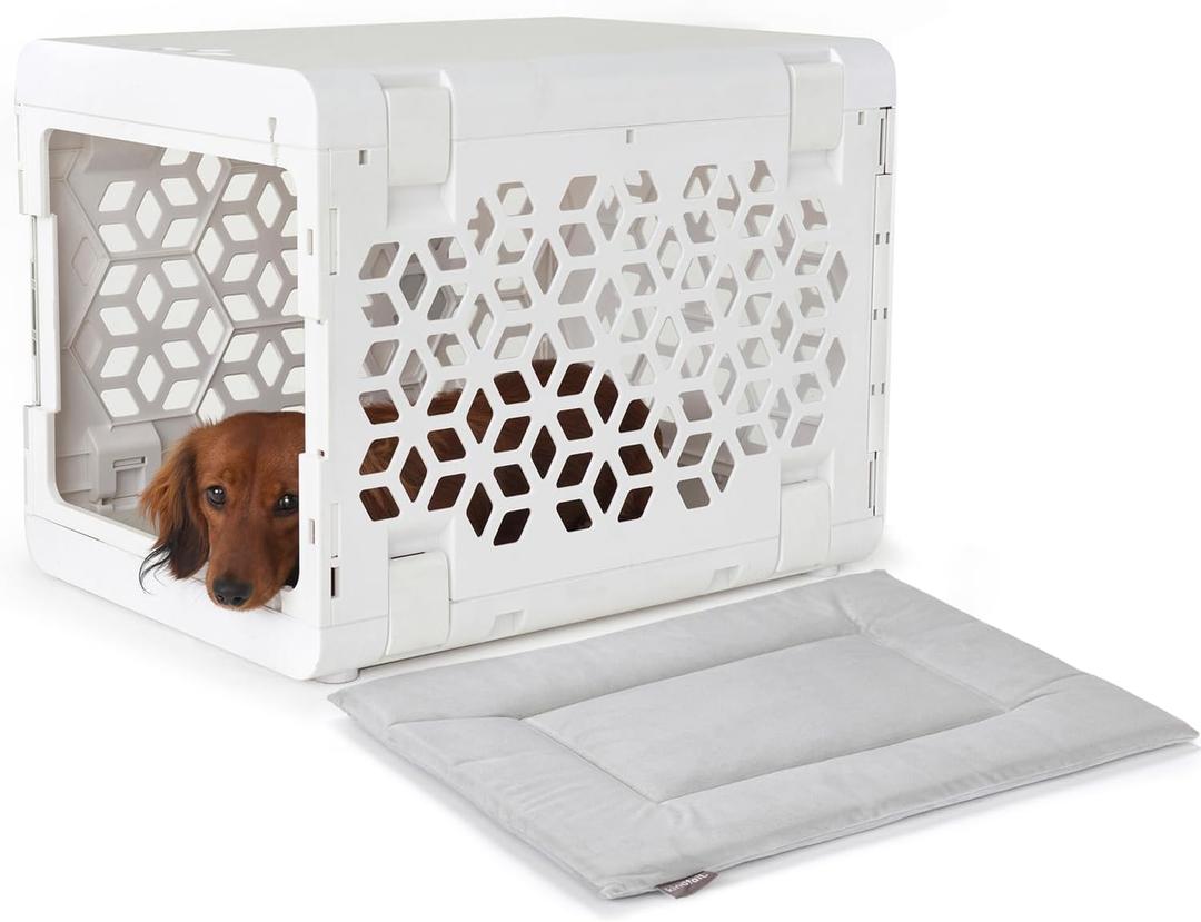 KindTail PAWD Collapsible Puppy and Dog Crate + Washable Bed - Stylish Pet Kennel with Comfortable Pad - Safe Indoor Set - Lightweight, Compact & Portable for Travel - Small White